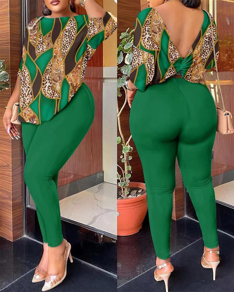 Backless Printed Pants Two Piece Set